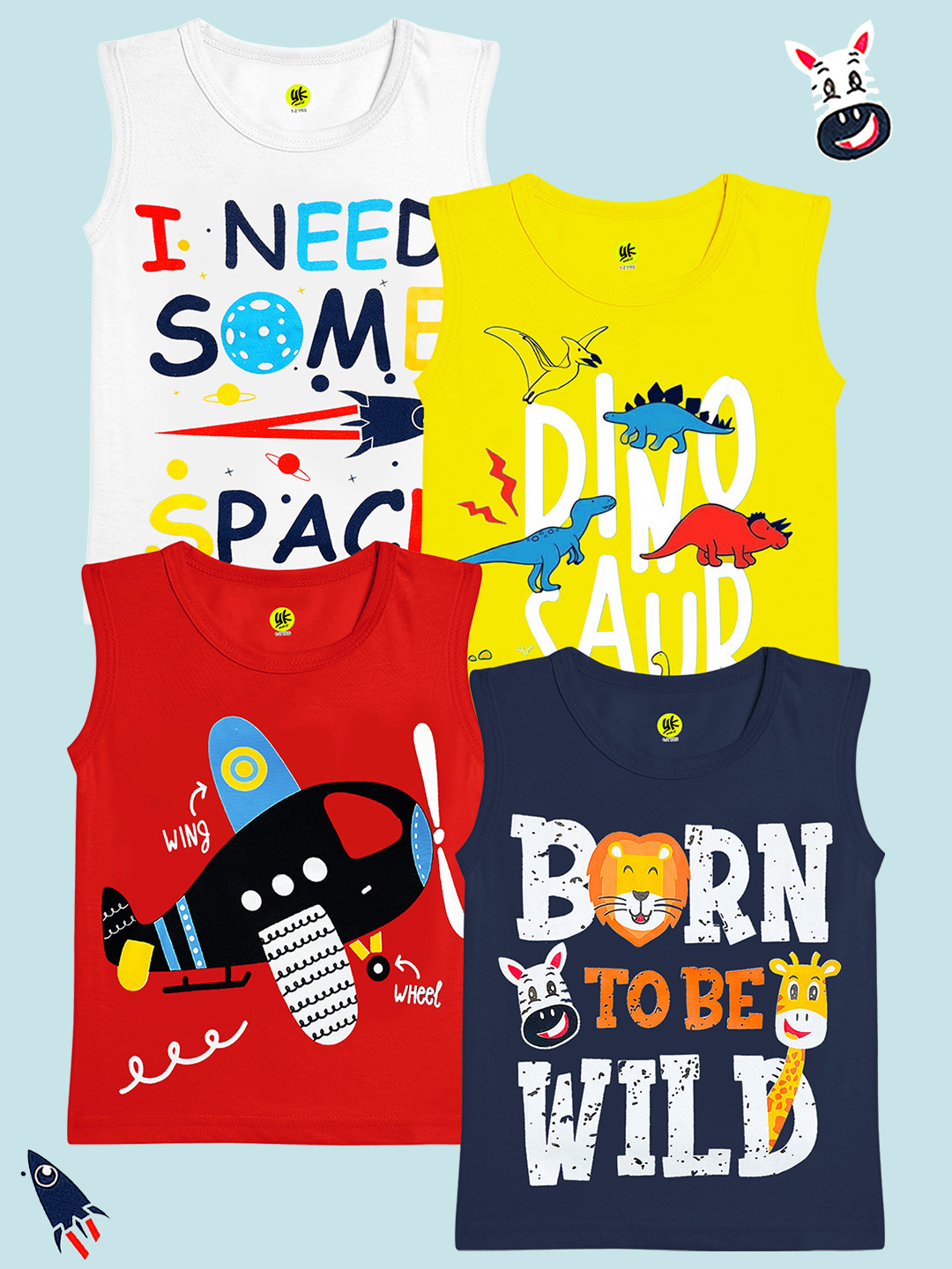 YK Boy Pack Of 4 Printed Sleeveless Cotton T-shirt