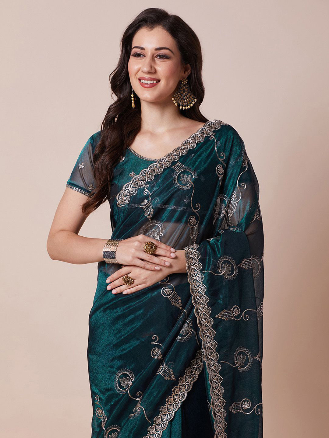 House Of Pataudi Embroidered Net Saree With Unstitched Blouse Piece