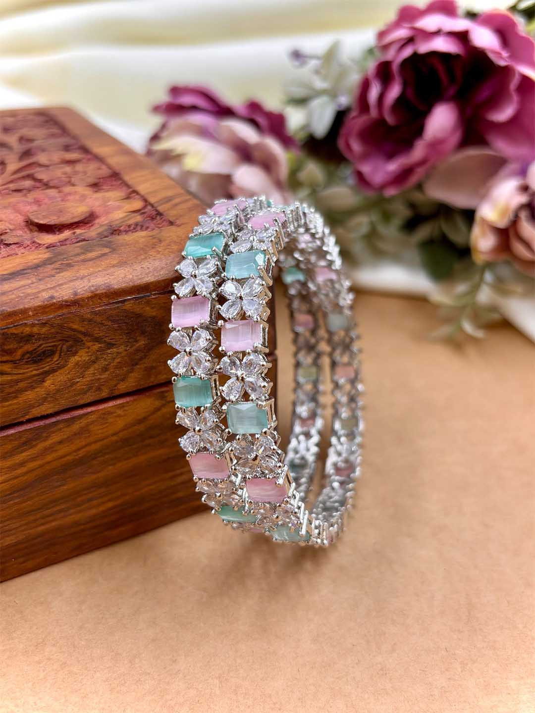 Wedding Chuda by Hitesh Bangles Set Of 2 Rhodium-Plated American Diamond Studded Bangles