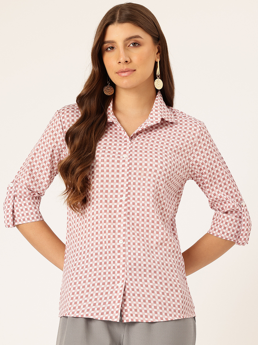 Sleek Italia Checked Roll-Up Sleeves Crepe Top