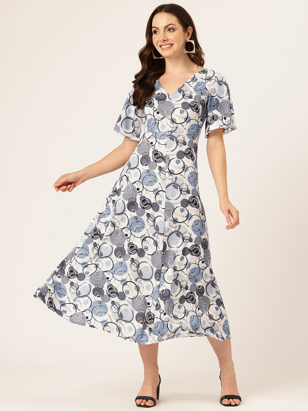 Sleek Italia Abstract Print Crepe A-Line Midi Dress