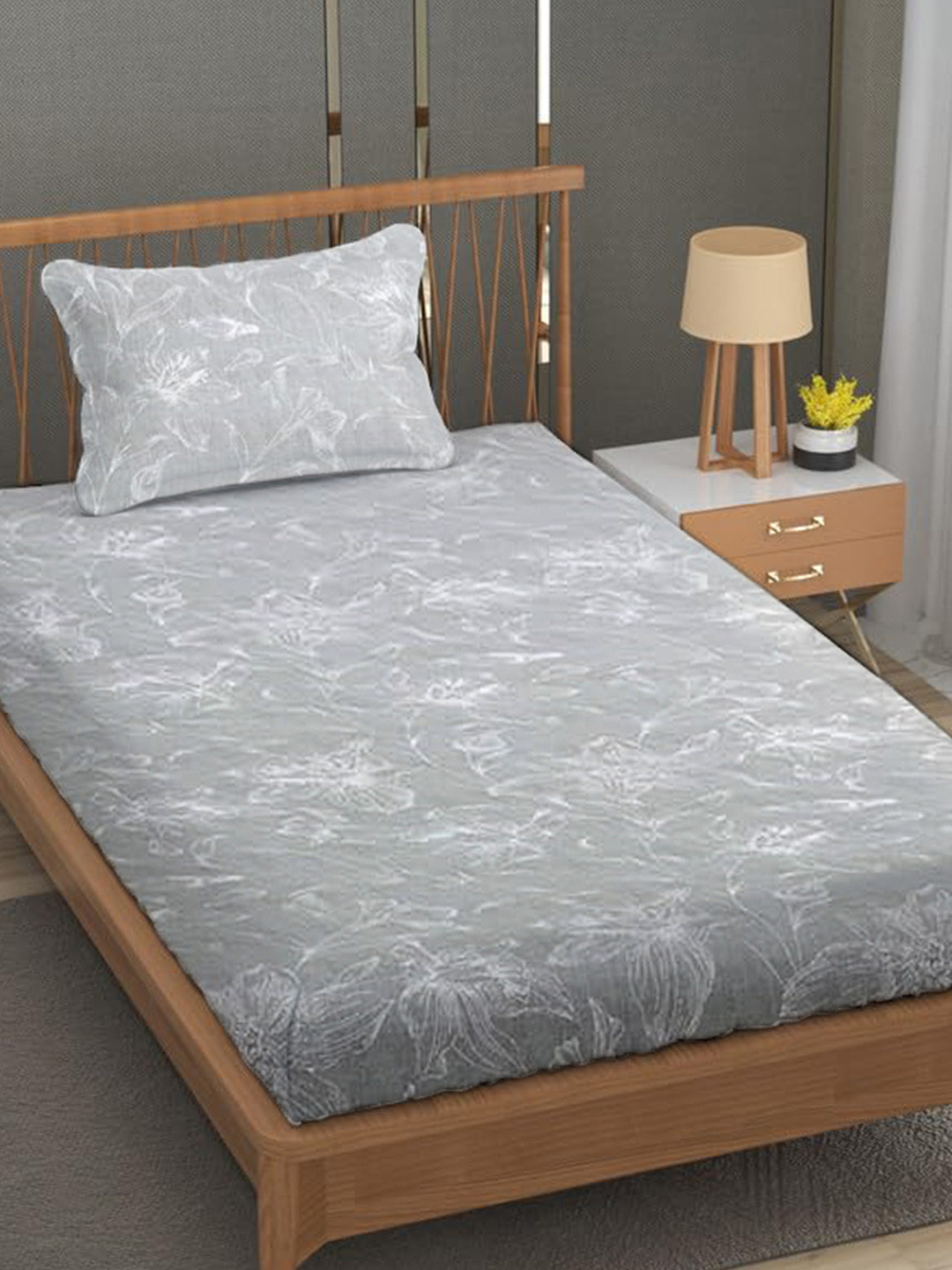 Trance Home Linen Grey Floral Cotton 144 TC Fitted Single Bedsheet with a Pillow Cover-78 x 48 inches