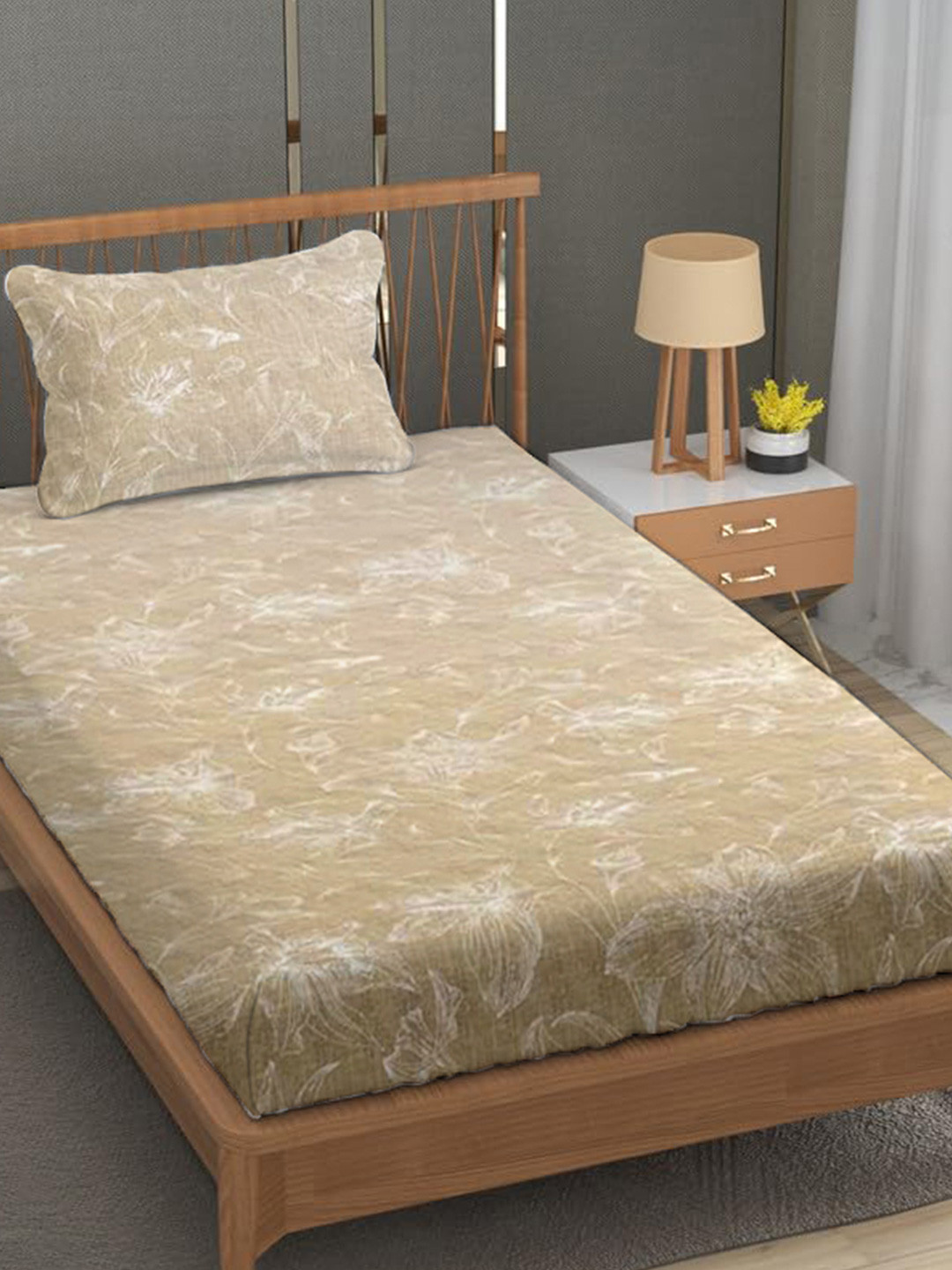 Trance Home Linen Beige Floral Cotton 144 TC Fitted Single Bedsheet with a Pillow Cover-78 x 48 inches