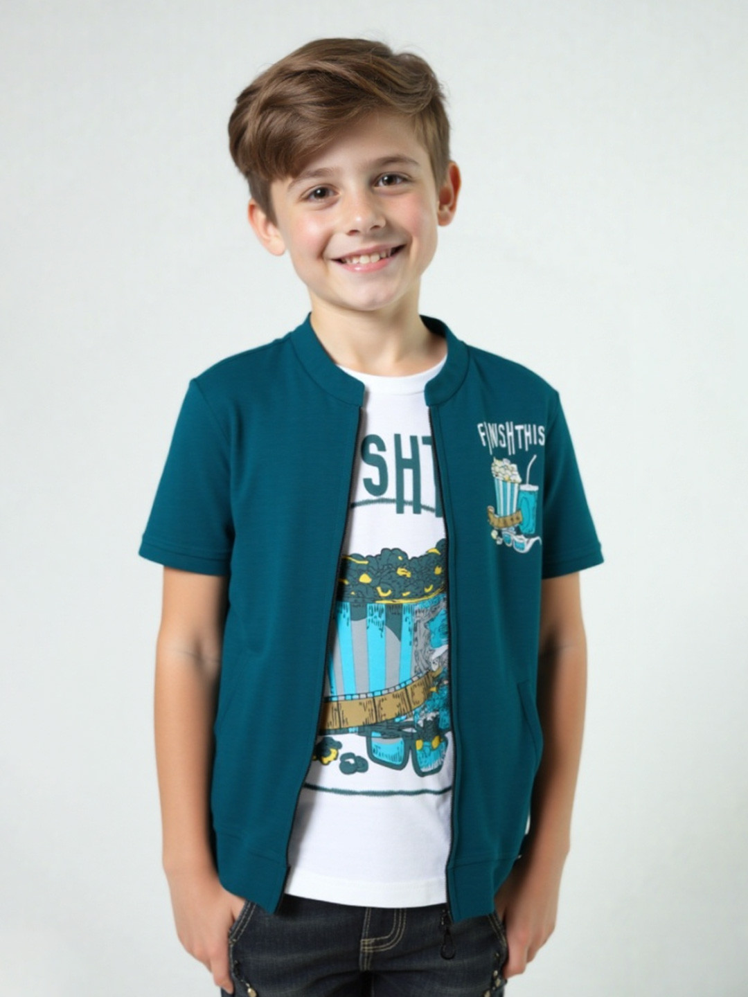 CHARCHIT Boys Graphic Printed Zipper Cotton Jacket & T-shirt