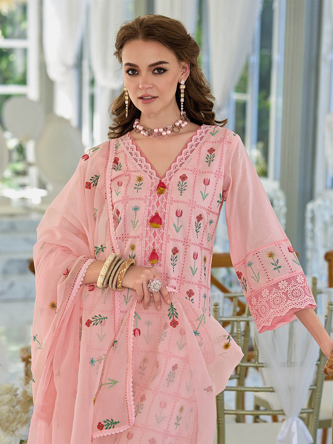 Indo Era Floral Embroidered Thread Work Pure Cotton Kurta With Trousers & Dupatta