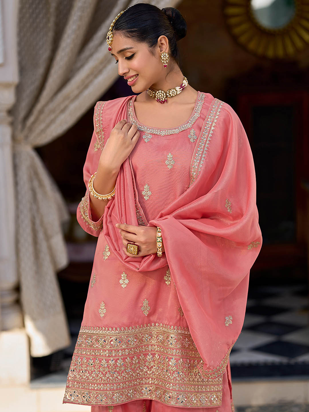 Indo Era Women Floral Embroidered Kurti with Palazzo & Dupatta
