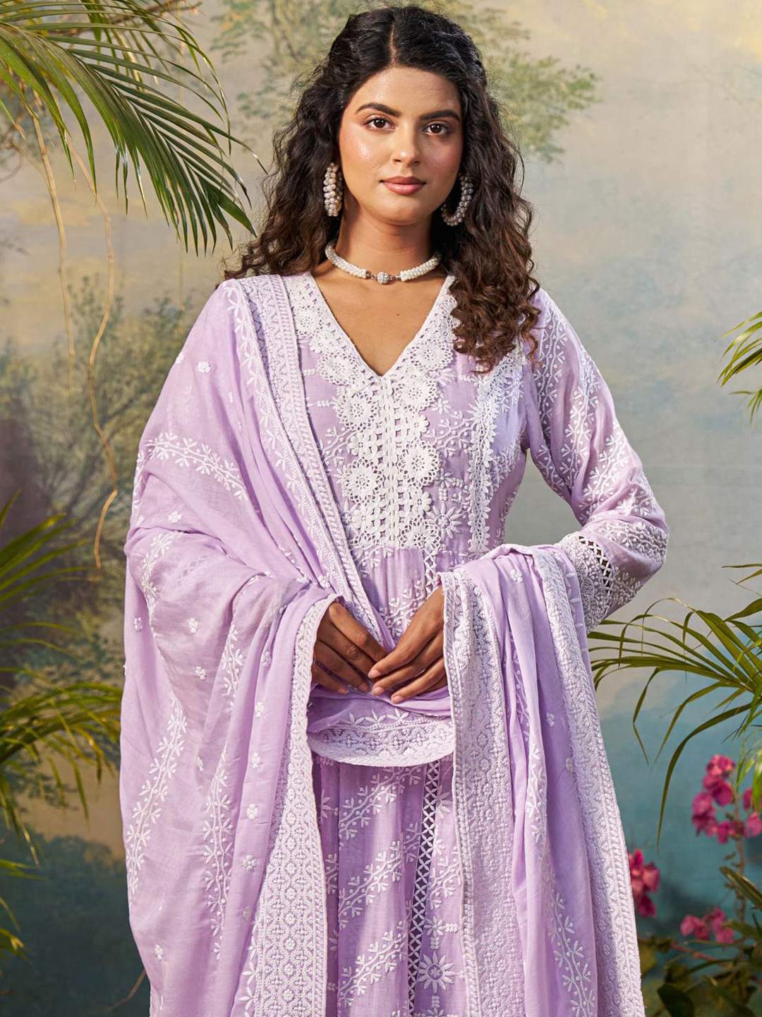 Indo Era Floral Embroidered V Neck Anarkali Pure Cotton Kurta With Trousers & Dupatta