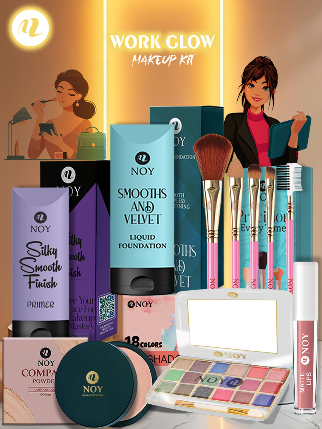 NOY All-in-One 10 PCS Makeup set with Liquid Lipstick, Foundation & Brushes