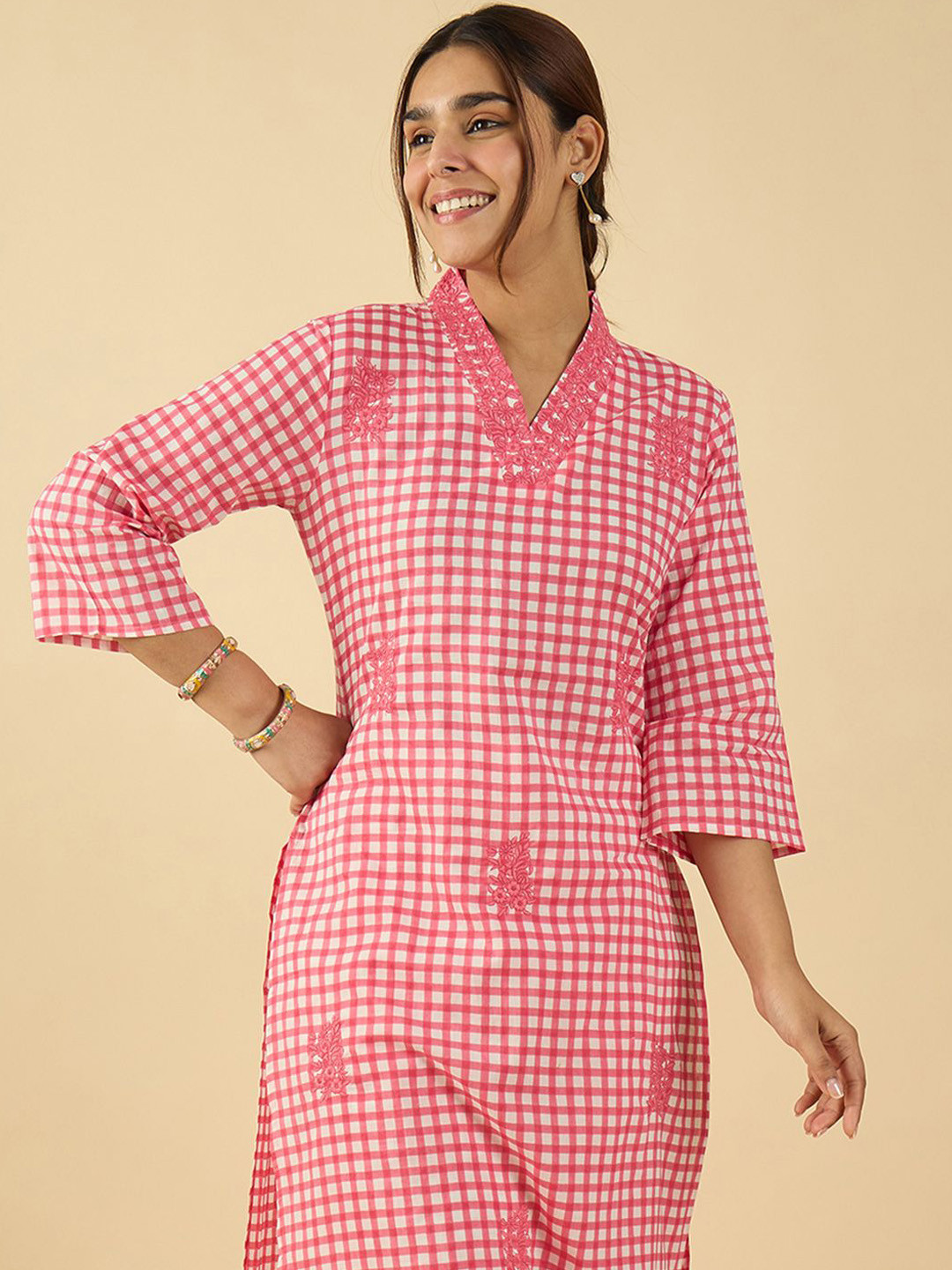 Indo Era Checked V Neck Thread Work Pure Cotton Straight Kurta With Trousers