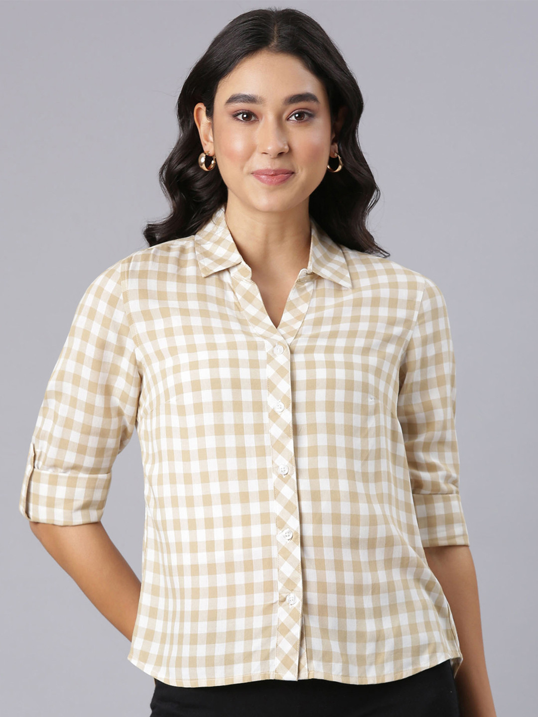 TWIN BIRDS Women Micro Checked Spread Collar Casual Shirt