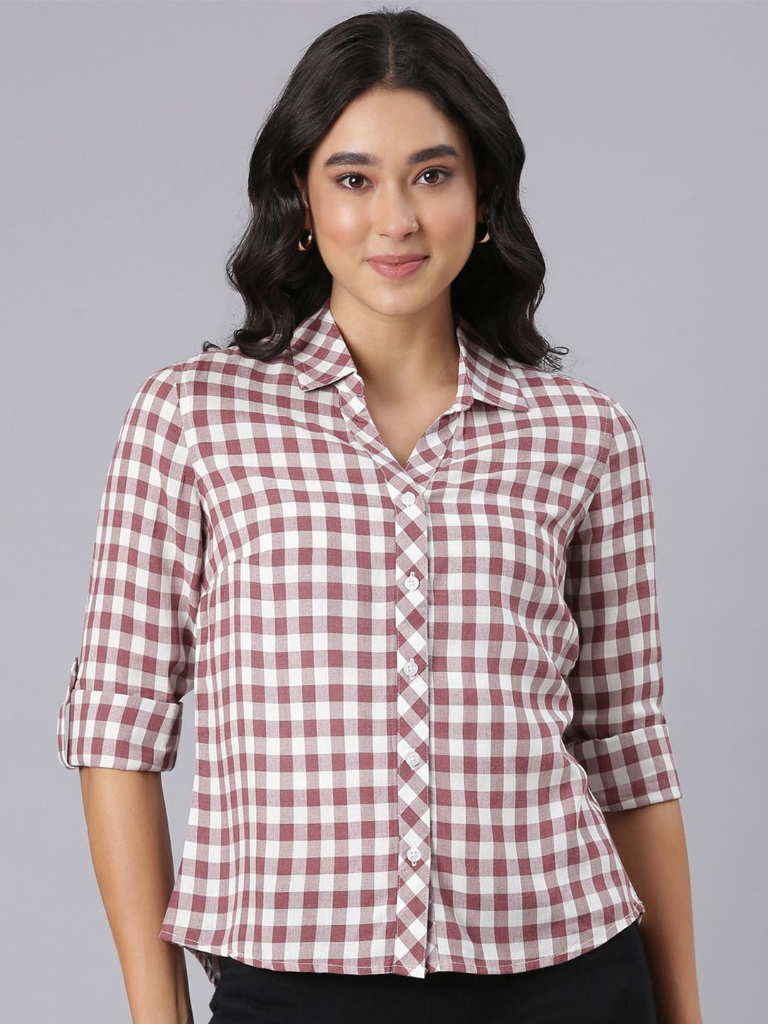 TWIN BIRDS Women Gingham Checked Spread Collar Casual Shirt