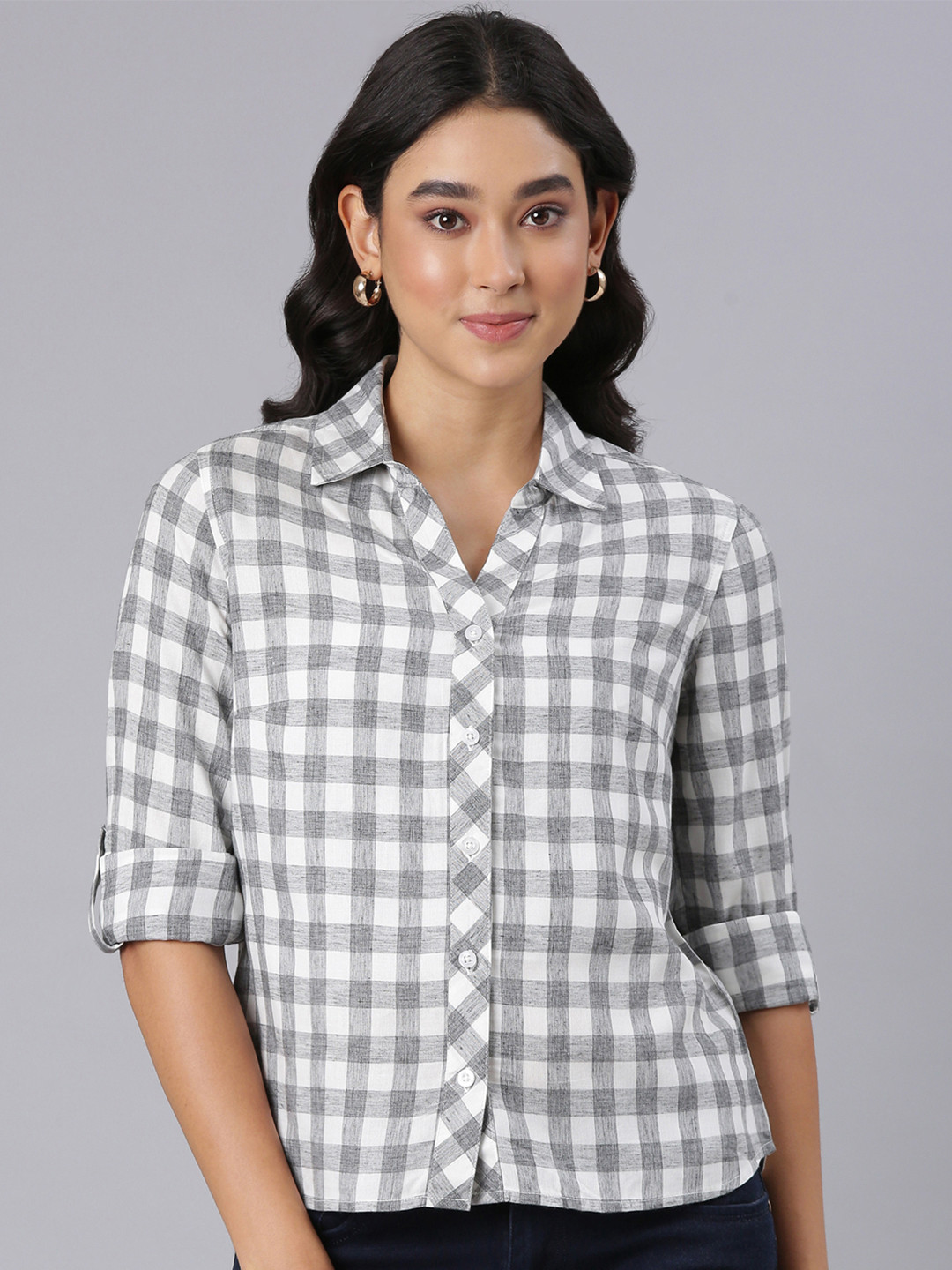 TWIN BIRDS Women Gingham Checked Spread Collar Casual Shirt