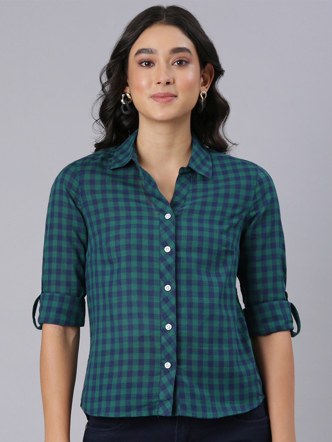 TWIN BIRDS Women Micro Checked Spread Collar Casual Shirt