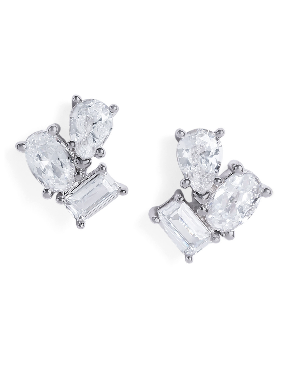Luxevogue Rhodium Plated Anti Tarnish 925 Sterling Silver Trio Stone Stud Earrings