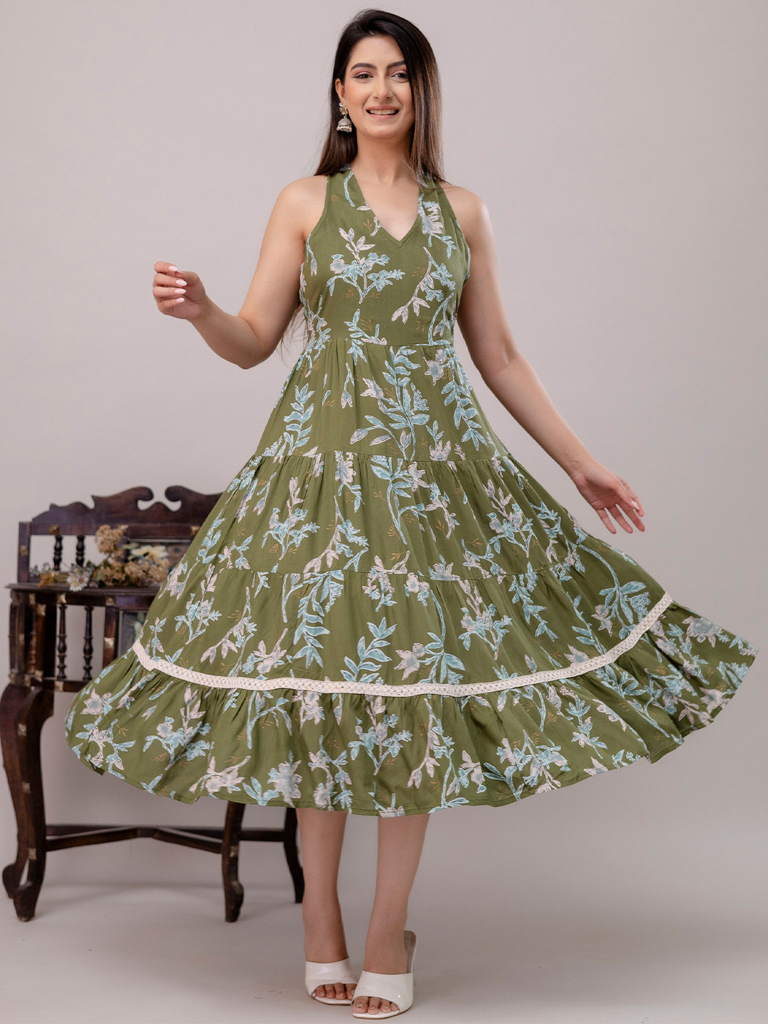 A&K Floral Printed Tiered A-Line Midi Ethnic Dress