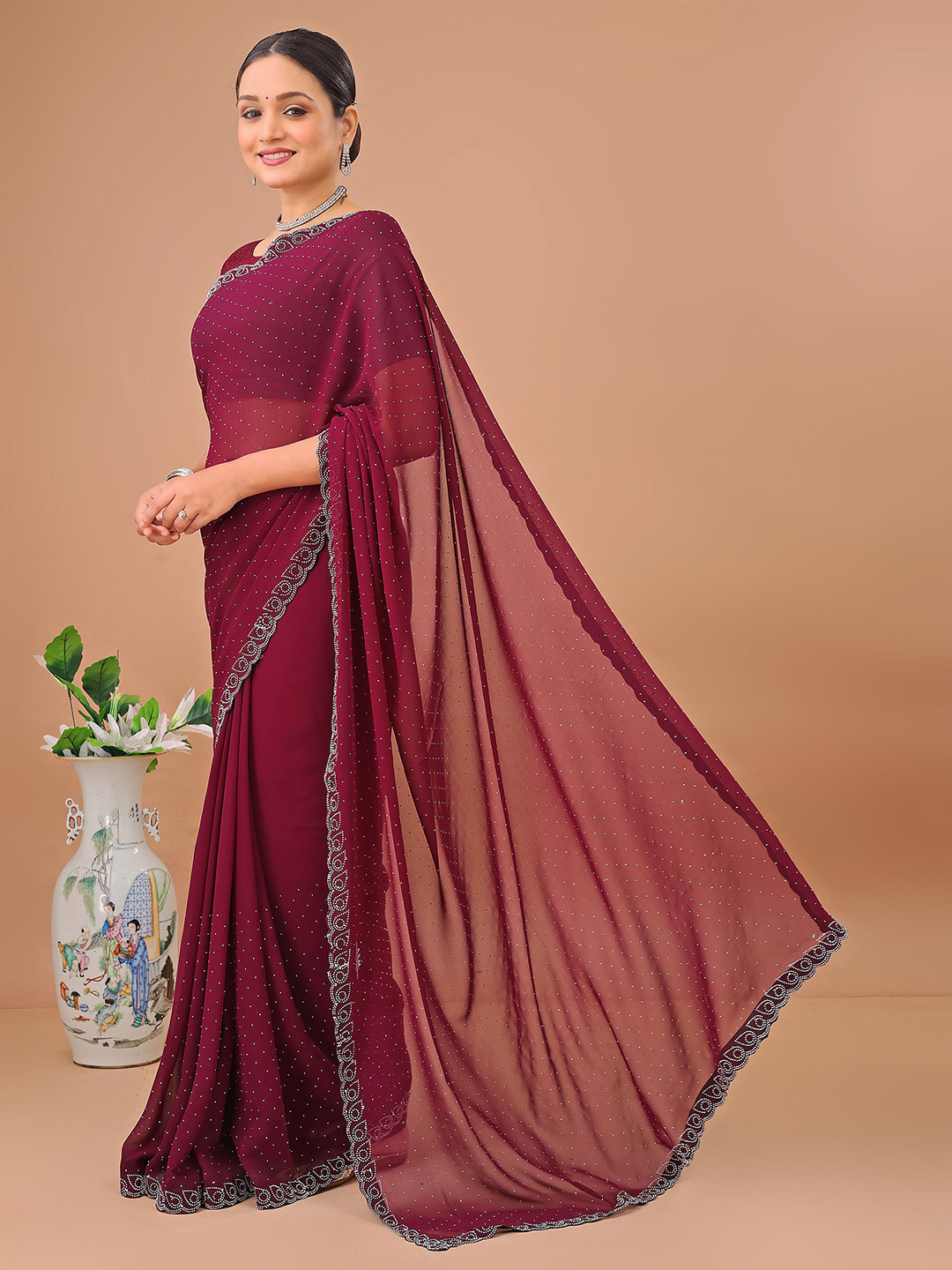 Leelavati Embellished Beads and Stones Pure Chiffon Saree