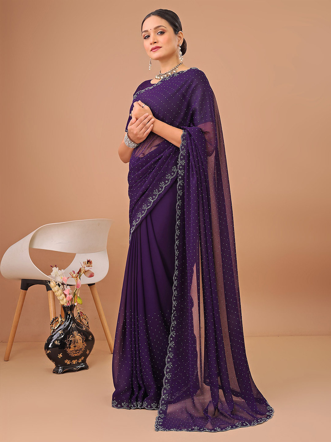 Leelavati Women Embellished Beads and Stones Pure Chiffon Saree