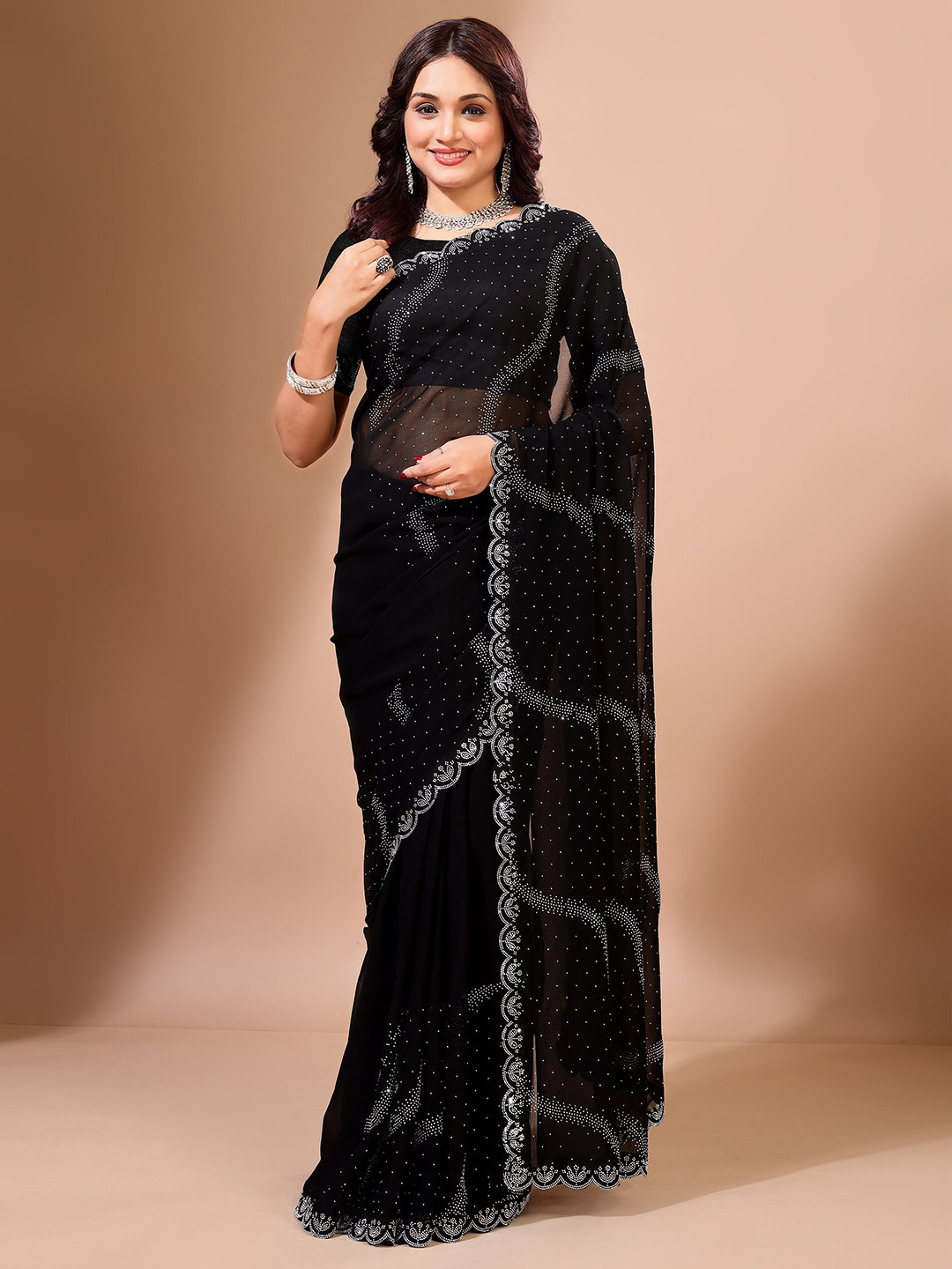 Leelavati Women Embellished Beads and Stones Pure Georgette Saree