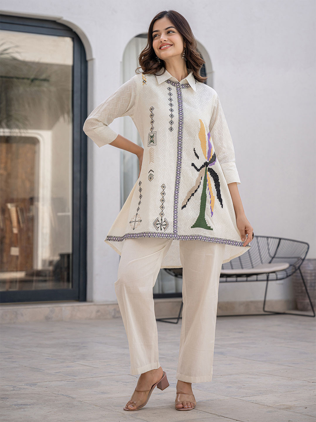 Zummer Embroidered Cotton Tunic & Trousers Co-Ord Set