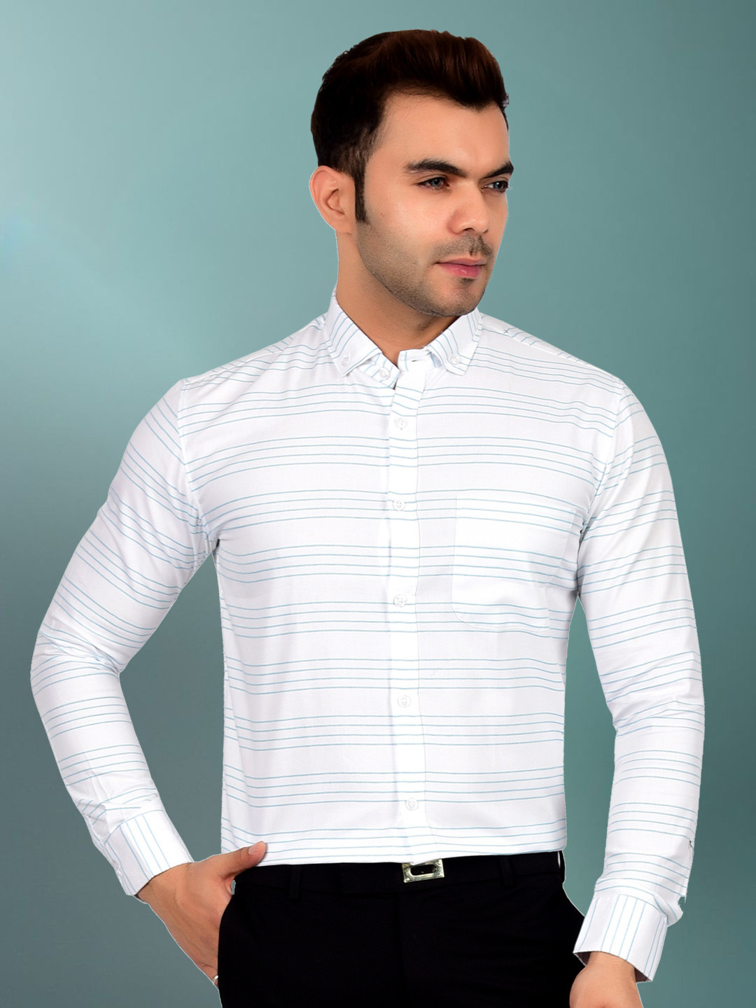 Heed Attentive Men Standard Horizontal Striped Button-Down Collar Semiformal Shirt