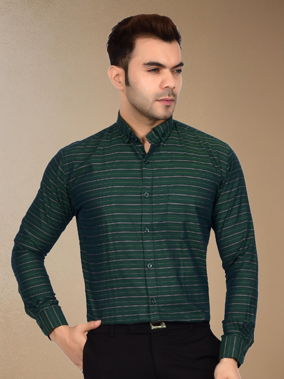 Heed Attentive Standard Horizontal Striped Button-Down Collar Pure Cotton Semiformal Shirt
