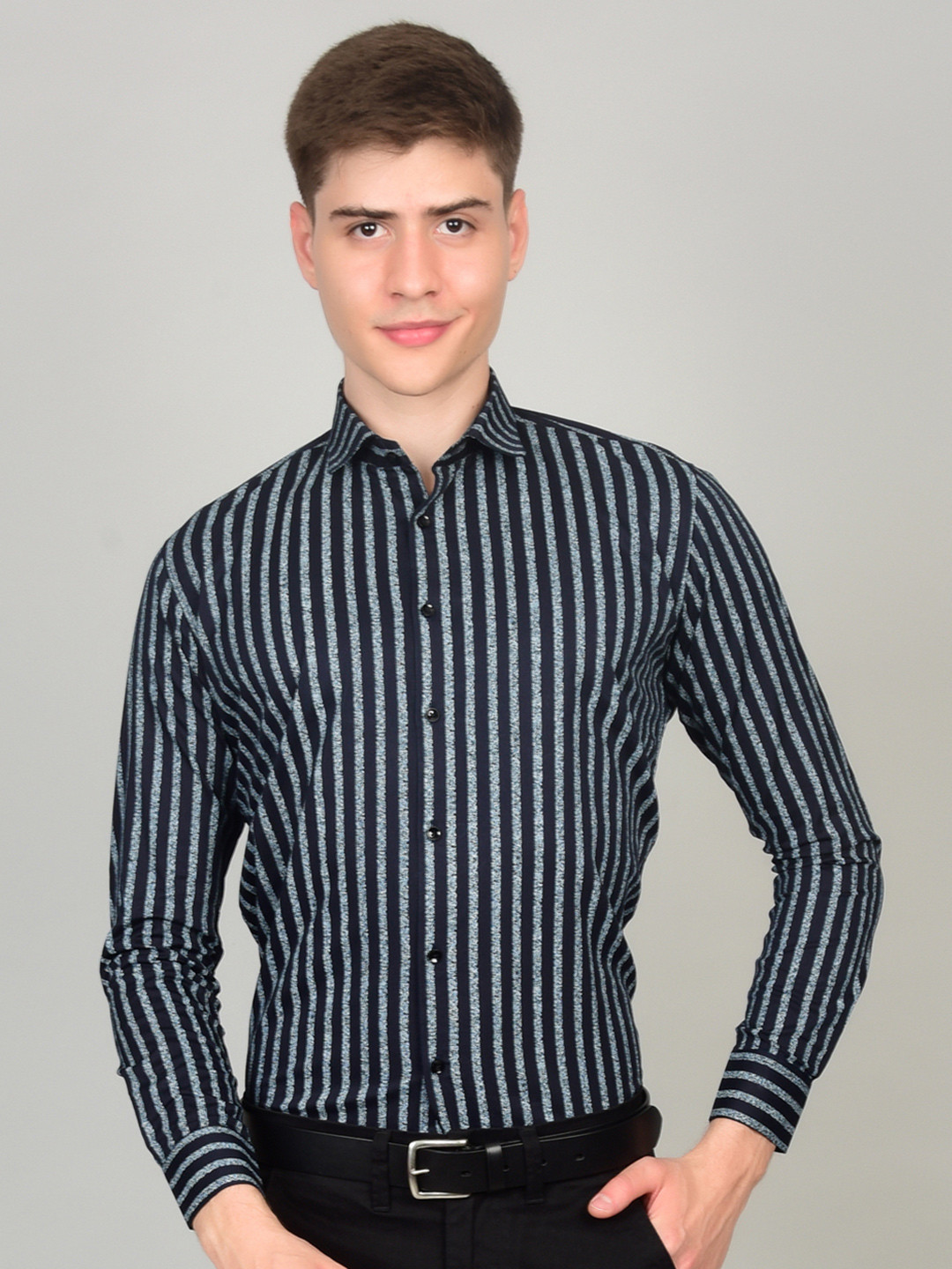 Heed Attentive Black and Grey Striped Slim Fit Party Shirt