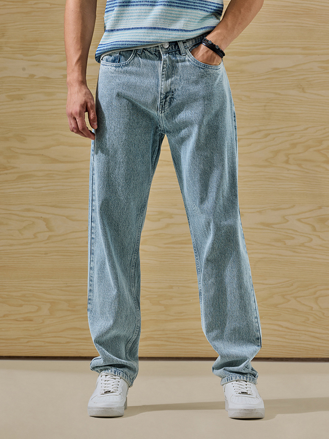 Snitch Men Light Blue Mid-Rise Baggy Jeans