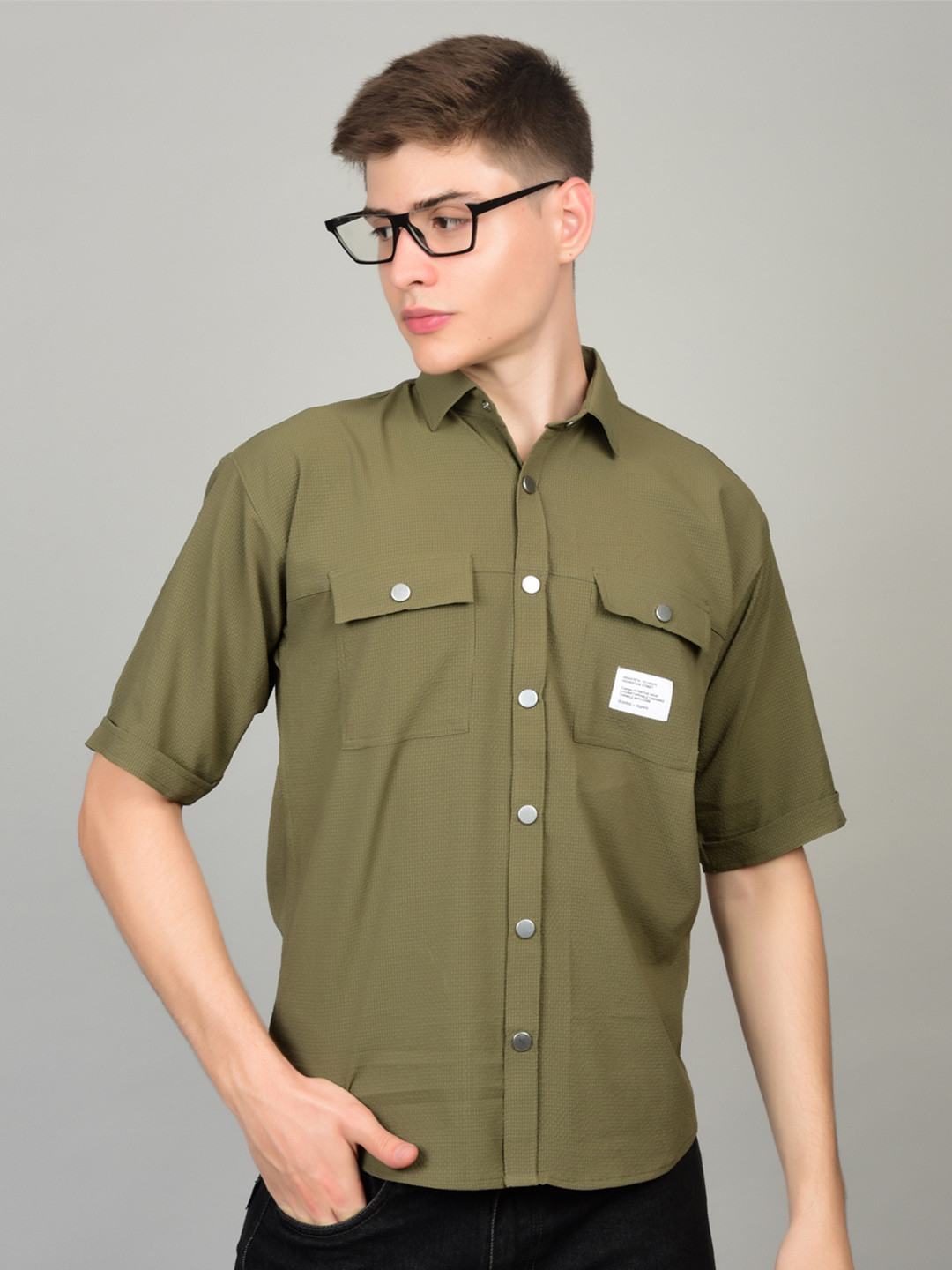Heed Attentive Olive Green Solid Relaxed Fit Casual Shirt with Spread Collar