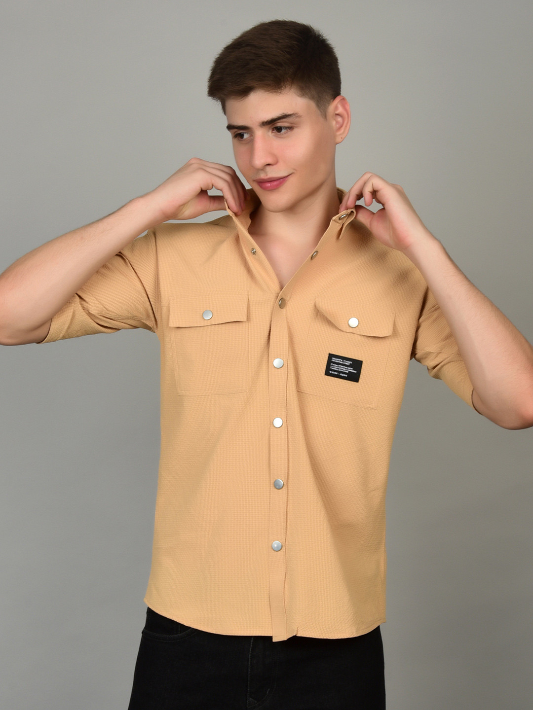 Khaki Solid Relaxed Fit Casual Shirt with Spread Collar