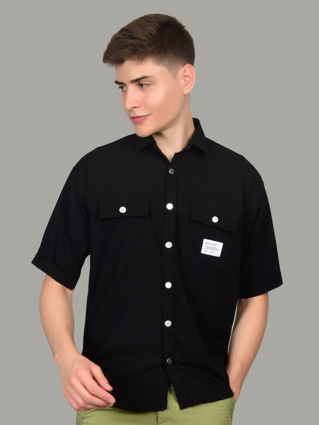 Heed Attentive Black Solid Drop Shoulder Relaxed Fit Casual Short Sleeve Shirt