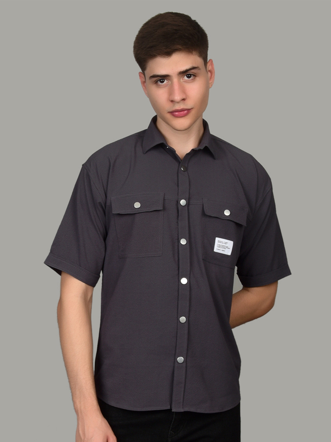 Grey Solid Casual Spread Collar Short Sleeve Shirt