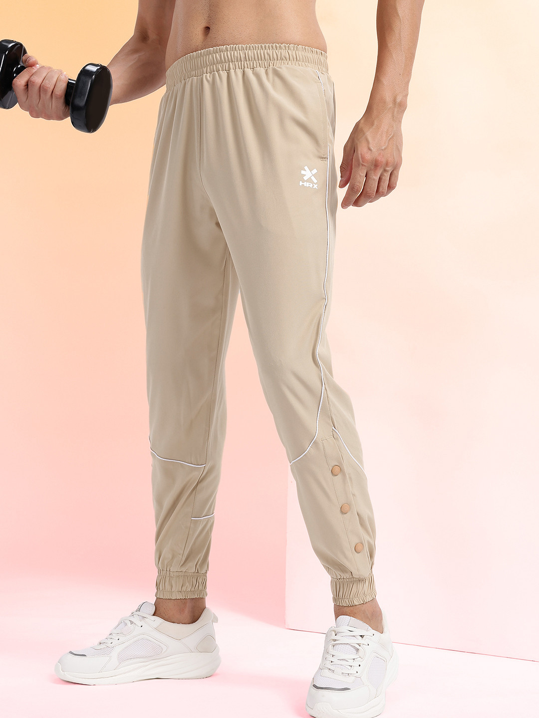 HRX by Hrithik Roshan Men Contrast Piping Mid-Rise Training Joggers with Mock Buttons