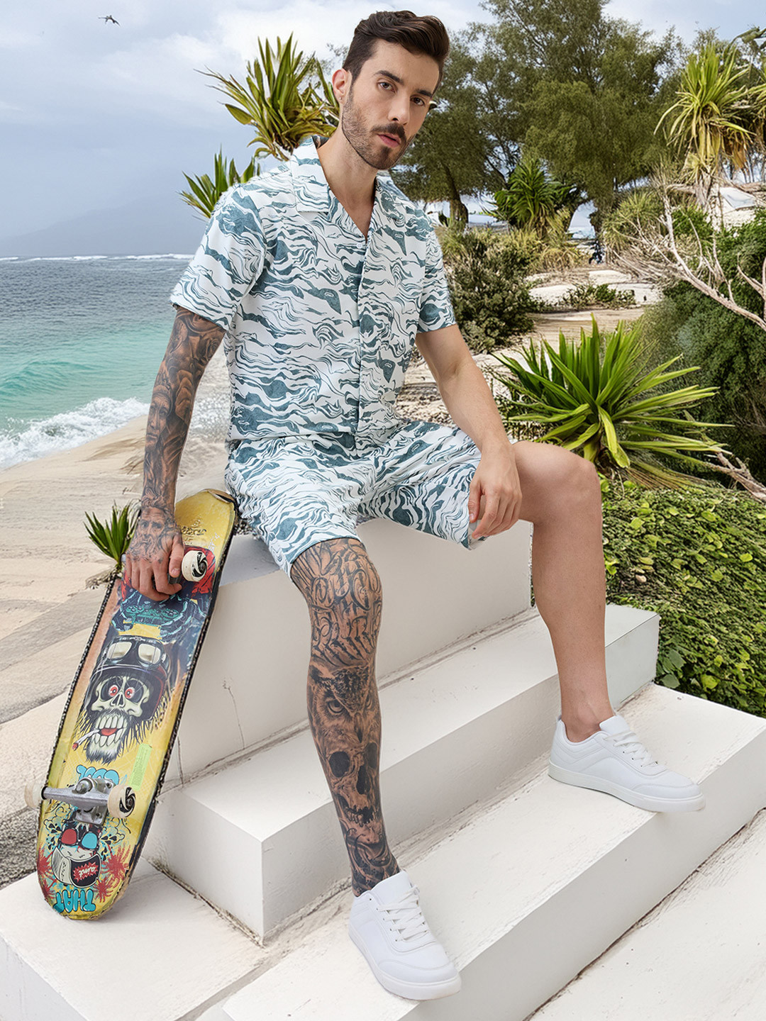 Status Quo Printed Shirt Collar Neck Shirt With Shorts Co-Ords