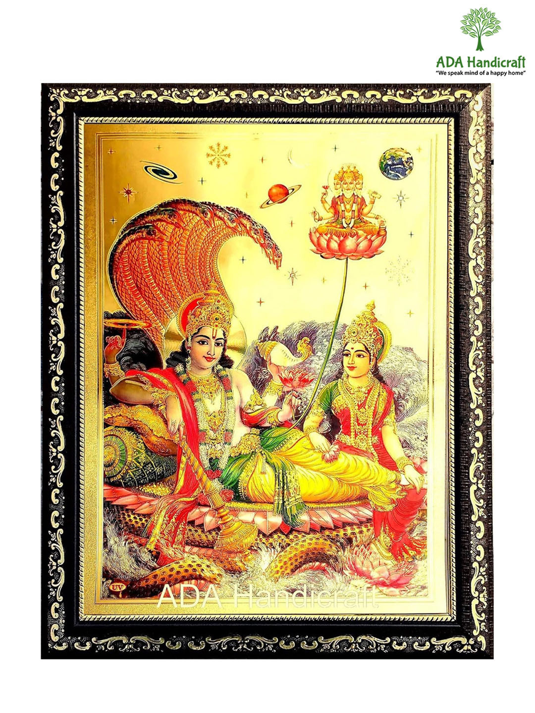 ADA Handicraft Black & Yellow Shree Narayan With Mata Lakshmi Religious Wooden Wall Art