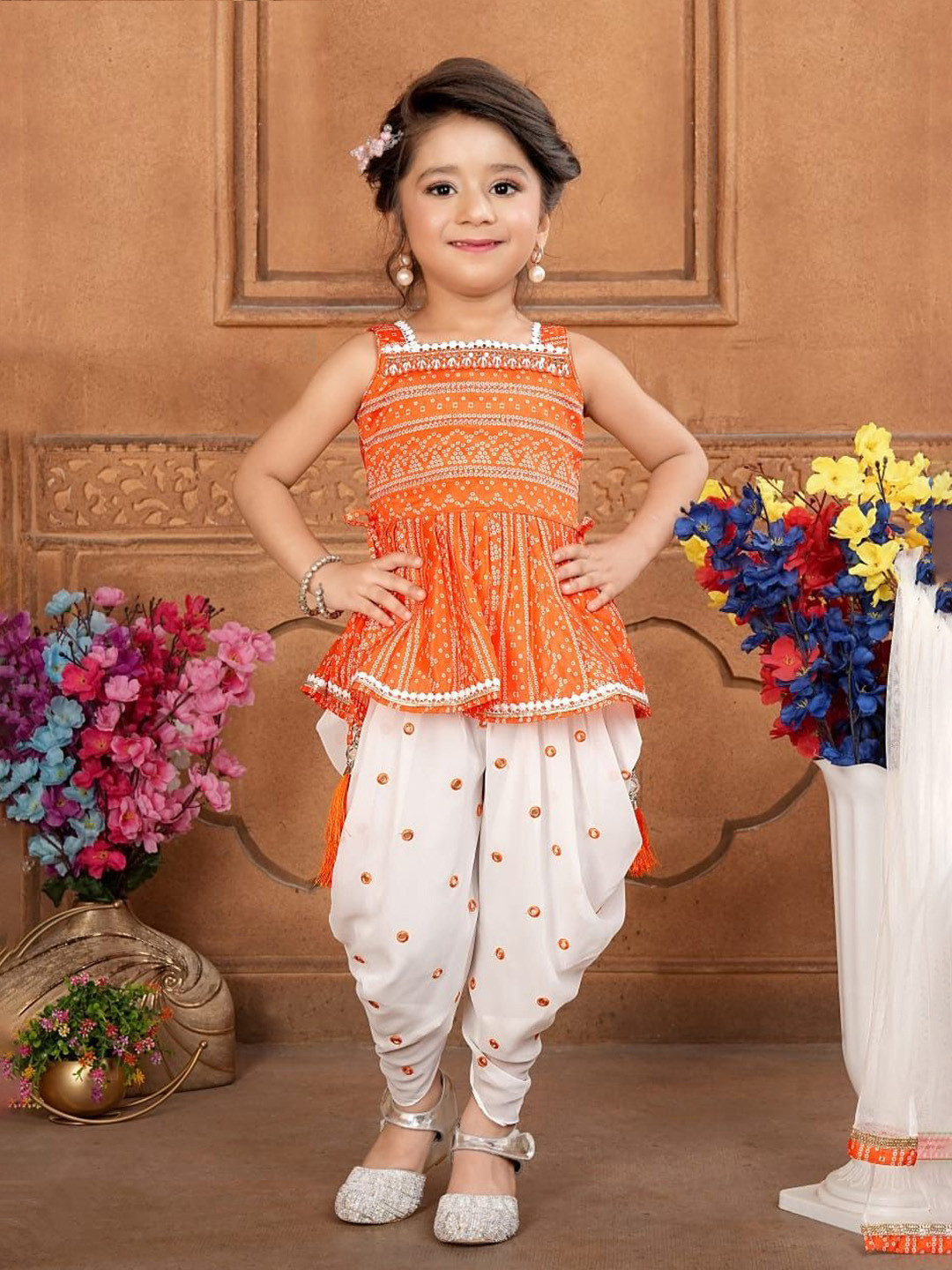 PINK LEAF Girls Printed Shoulder Straps Top With Dhoti Pants