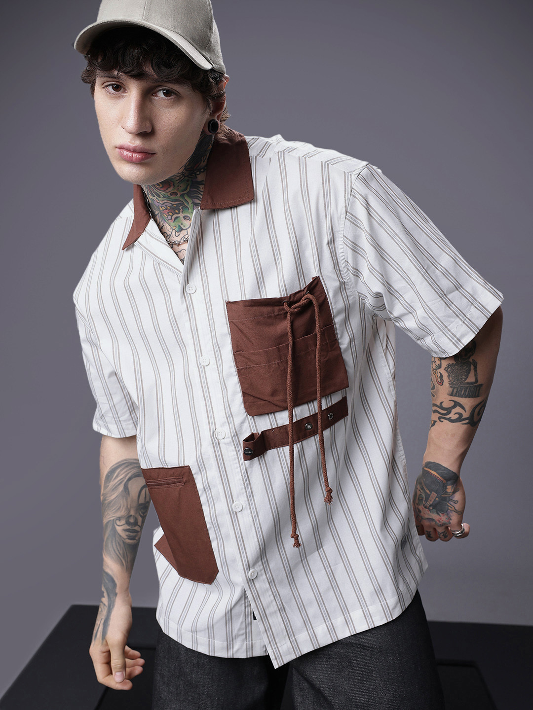 SOKO STREET Relaxed Fit Vertical Stripes Drop-Shoulder Sleeves Pure Cotton Casual Shirt