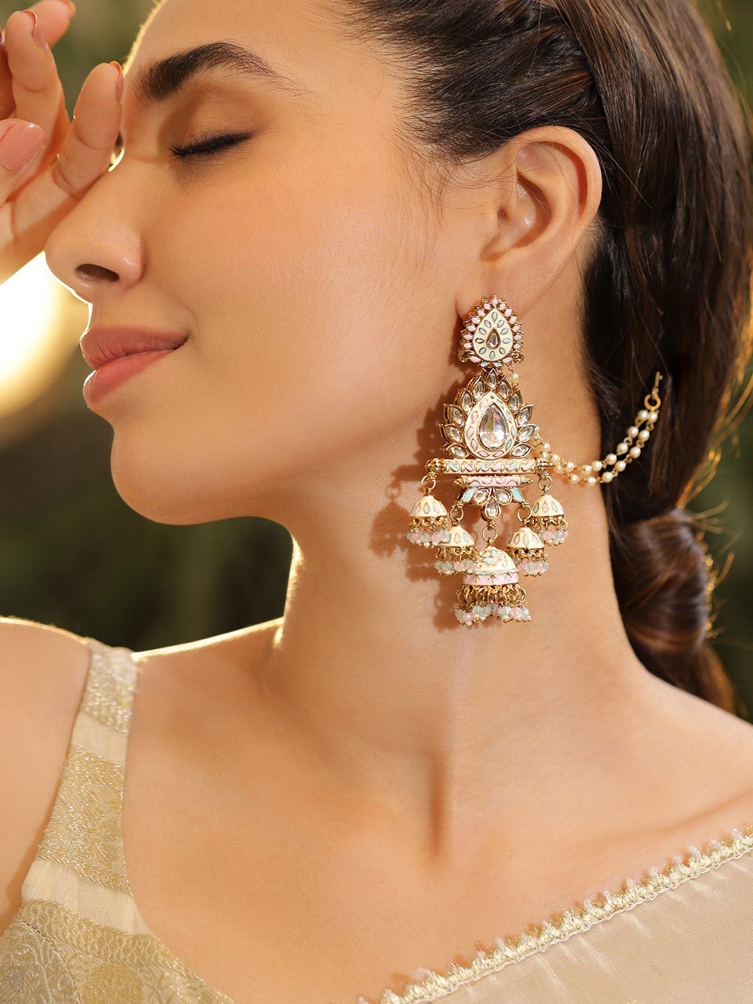 Rubans 22K Gold-Plated Pastel Pink Enamel White Kundan Jhumka with Pearl Beading Ear Chain