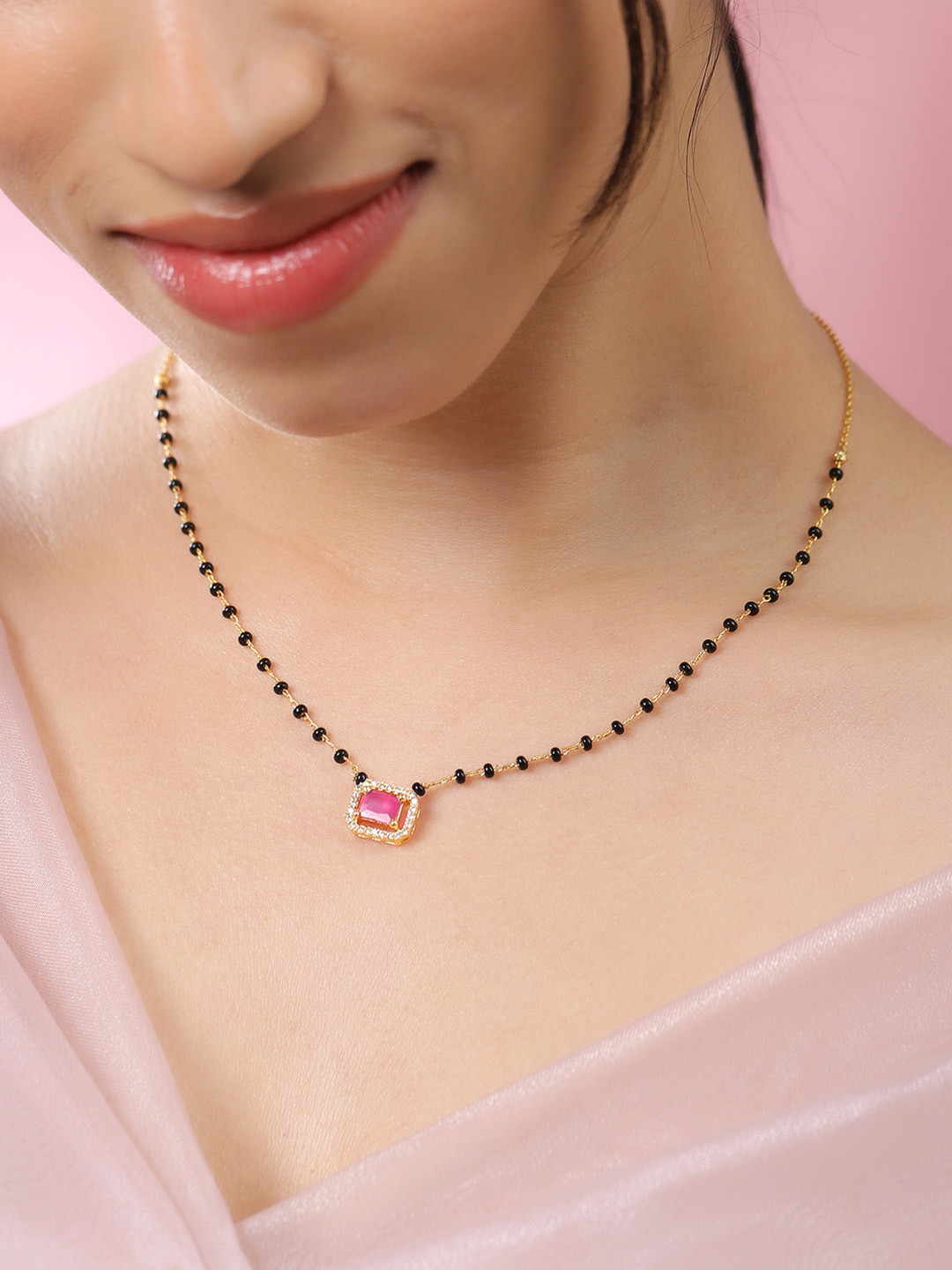Rubans 22K Gold-Plated and Black Beaded with Ruby Pink Cubic Zirconia Studded Mangalsutra