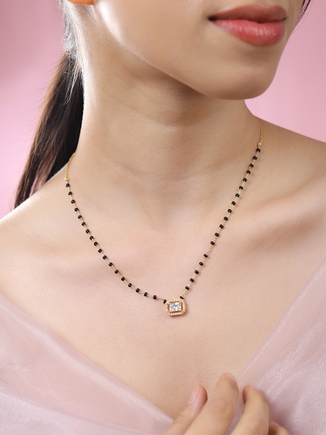 Rubans 22K Gold-Plated and Black Beaded with White Cubic Zirconia Studded Mangalsutra