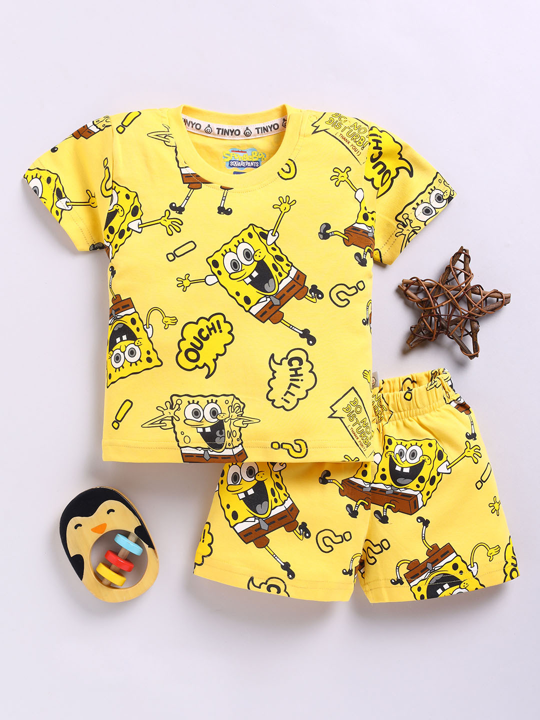 YK X Tinyo Boys Spongebob Printed Pure Cotton T-shirt with Shorts