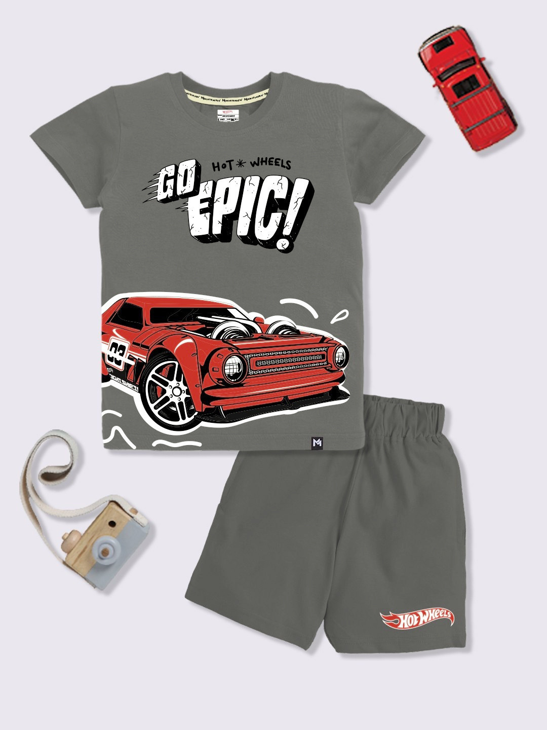 YK X Minute Mirth Boys Hotwheels Printed Pure Cotton T-shirt with Shorts