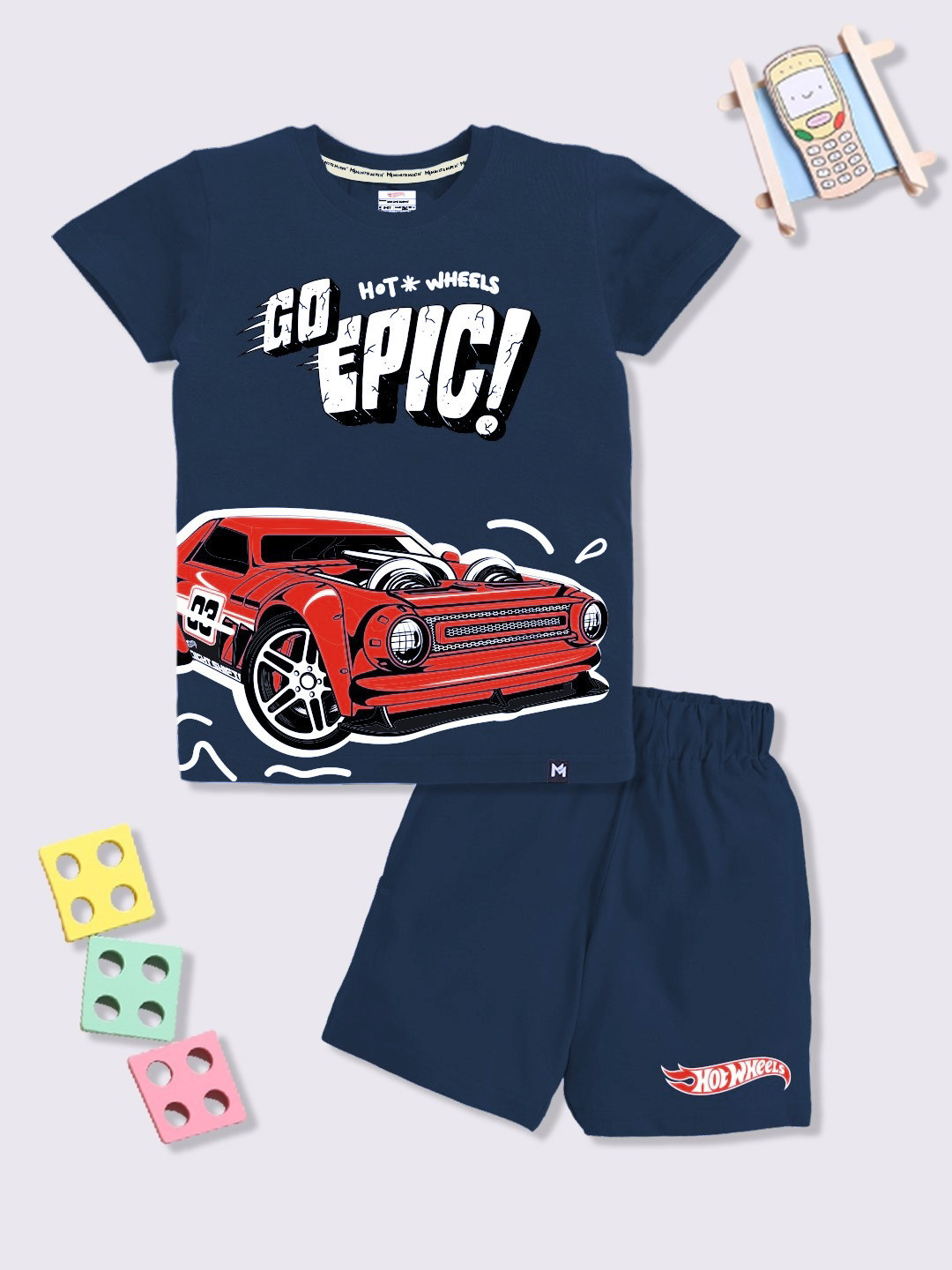 YK X Minute Mirth Boys Hot Wheels Printed Pure Cotton T-shirt with Shorts