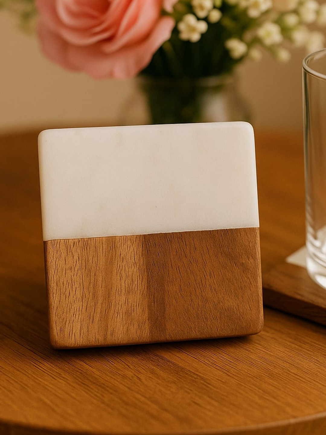 CHAAK DESIGN Set Of 4 White & Brown Square Marble Coasters