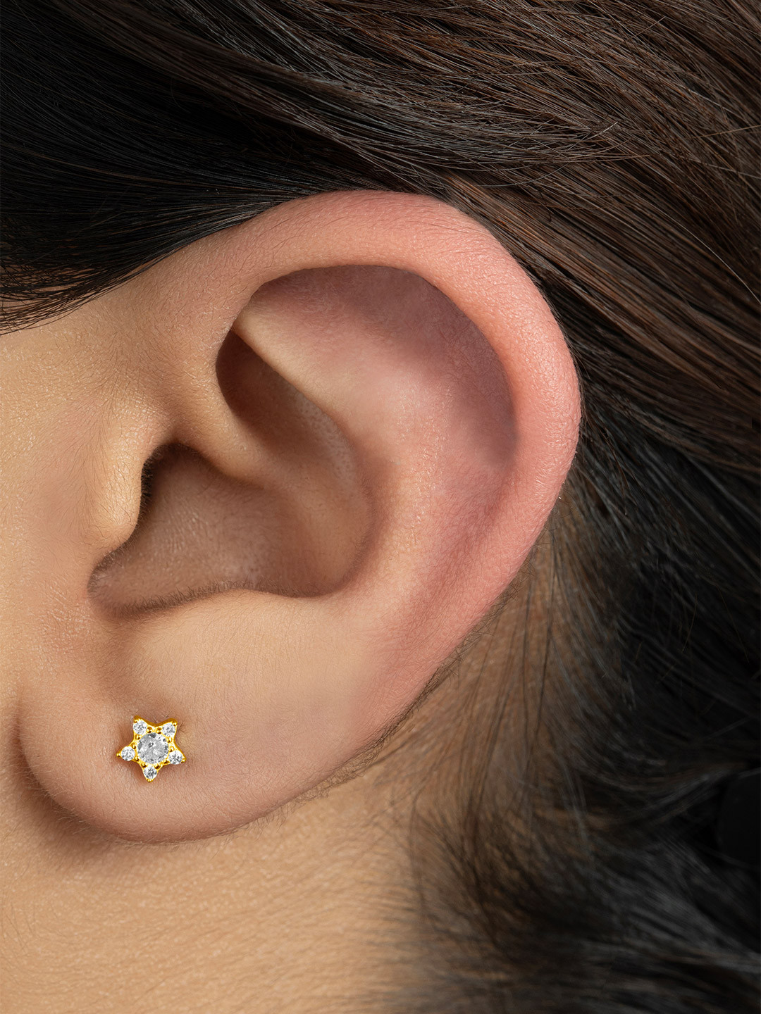 Silverfied Silver Gold-Plated Cubic Zirconia Studded Star Shaped Studs