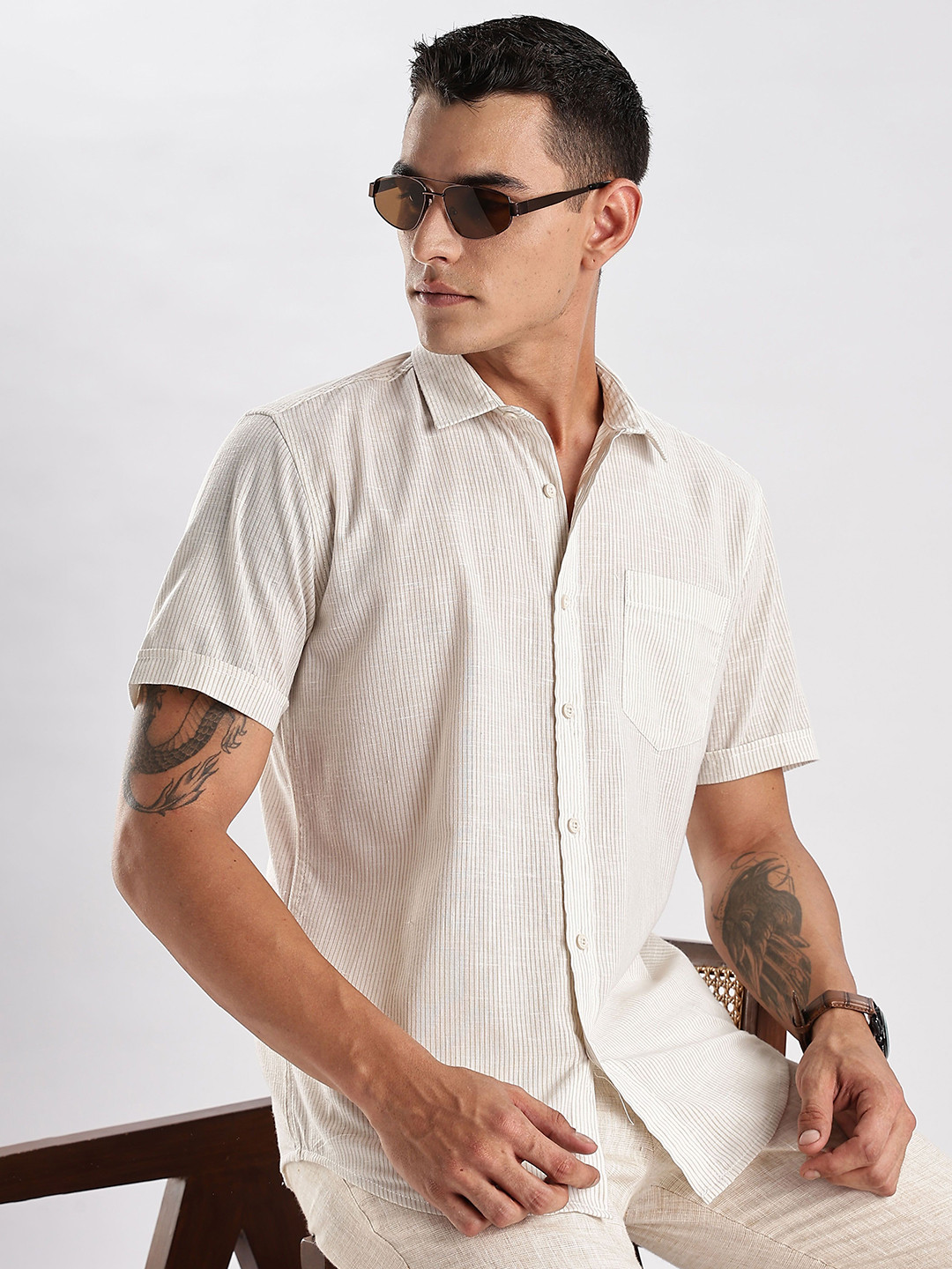 HERE&NOW Pinstripes Short Sleeves Cotton Shirt
