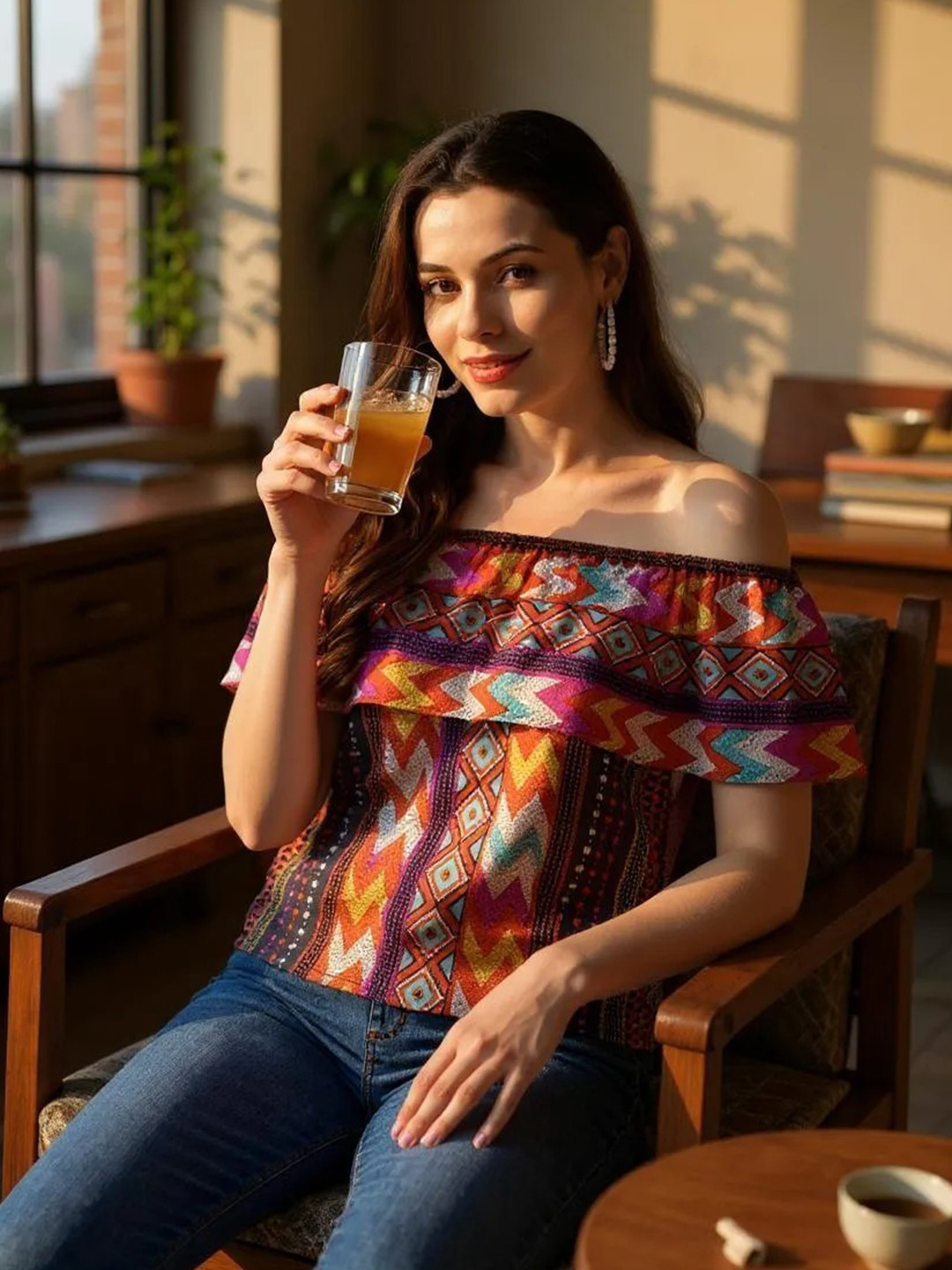 INUKA Women Multicoloured Off-shoulder Geometric Top