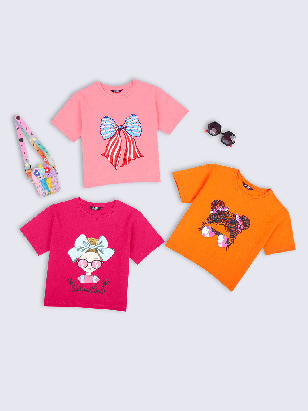 HERE&NOW Girls 3 Printed Drop-Shoulder Sleeves Pure Cotton Boxy T-shirt