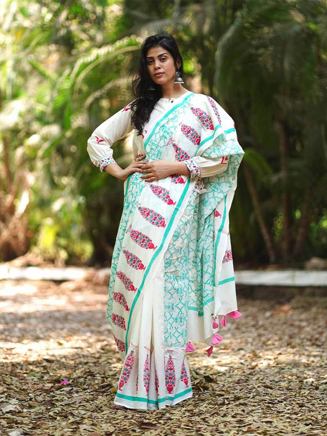 Chidiyaa MMG Jasmine's Joy Ivory Block Printed Saree