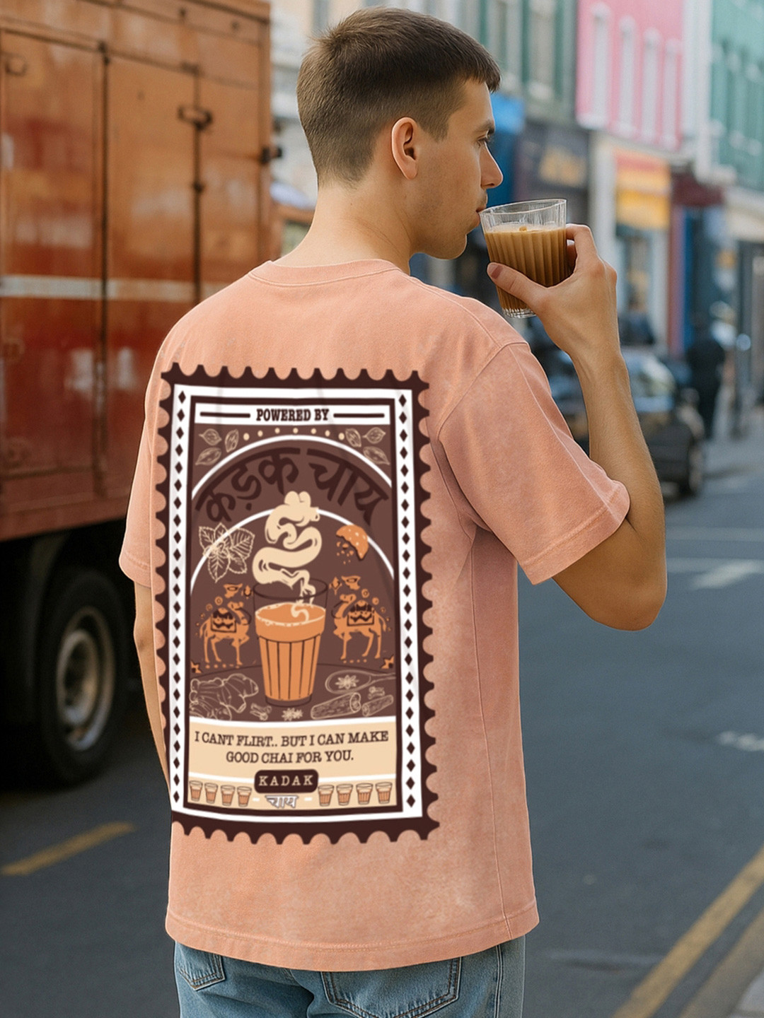 Bewakoof Men's Caramel Orange Kadak Chai Graphic Printed Oversized Acid Wash T-shirt