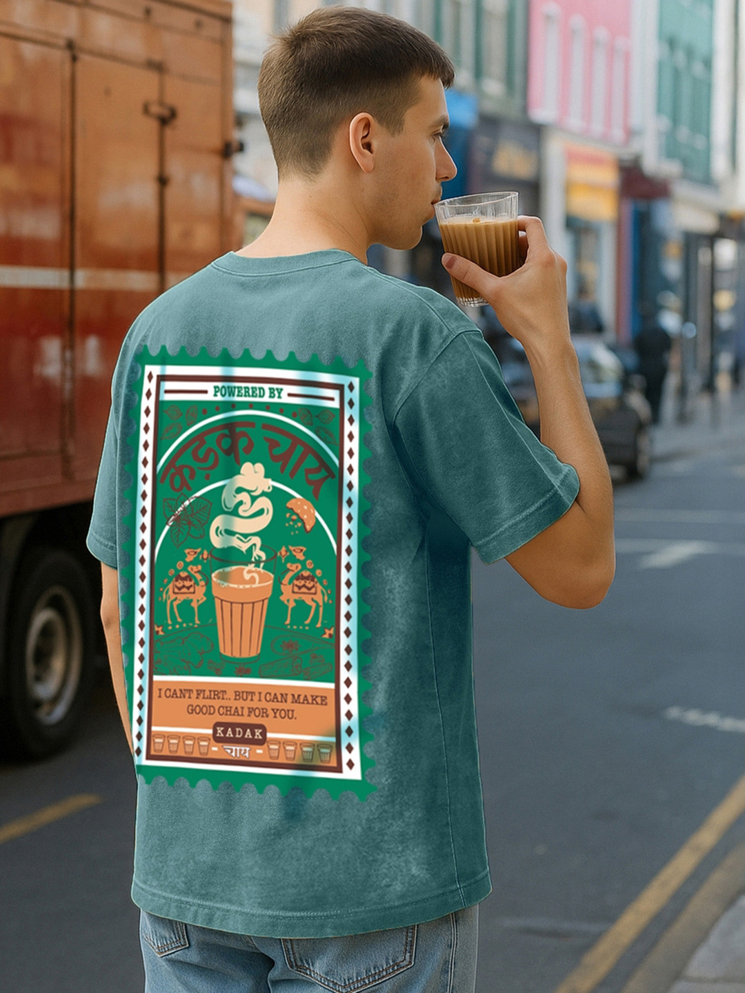 Bewakoof Men Dark Sea Green Kadak Chai Graphic Printed Oversized Acid Wash T-shirt